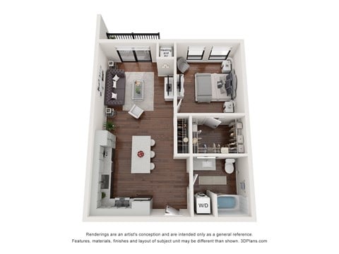 Floor plan for 1 bed, 1 bath, 725 sqft